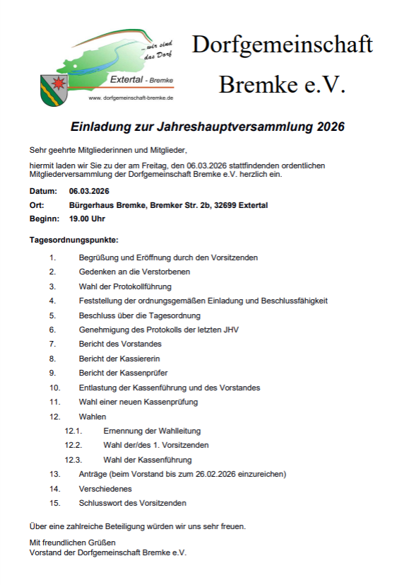 Einladung Jahreshauptversammlung am 06.03.2026